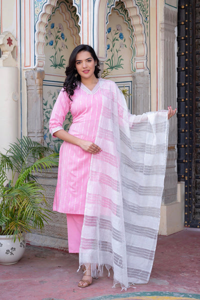 Juniper Pink Brocade Kurta-Pant & Dupatta Set with Sequins & Tassels - Distacart