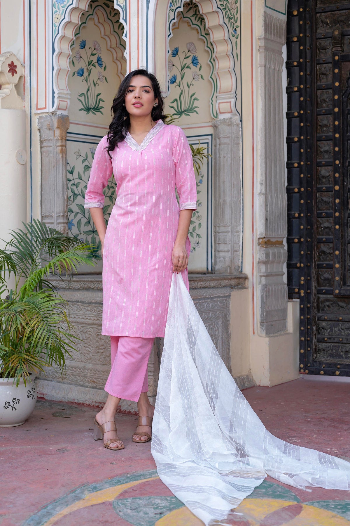 Juniper Pink Brocade Kurta-Pant & Dupatta Set with Sequins & Tassels - Distacart