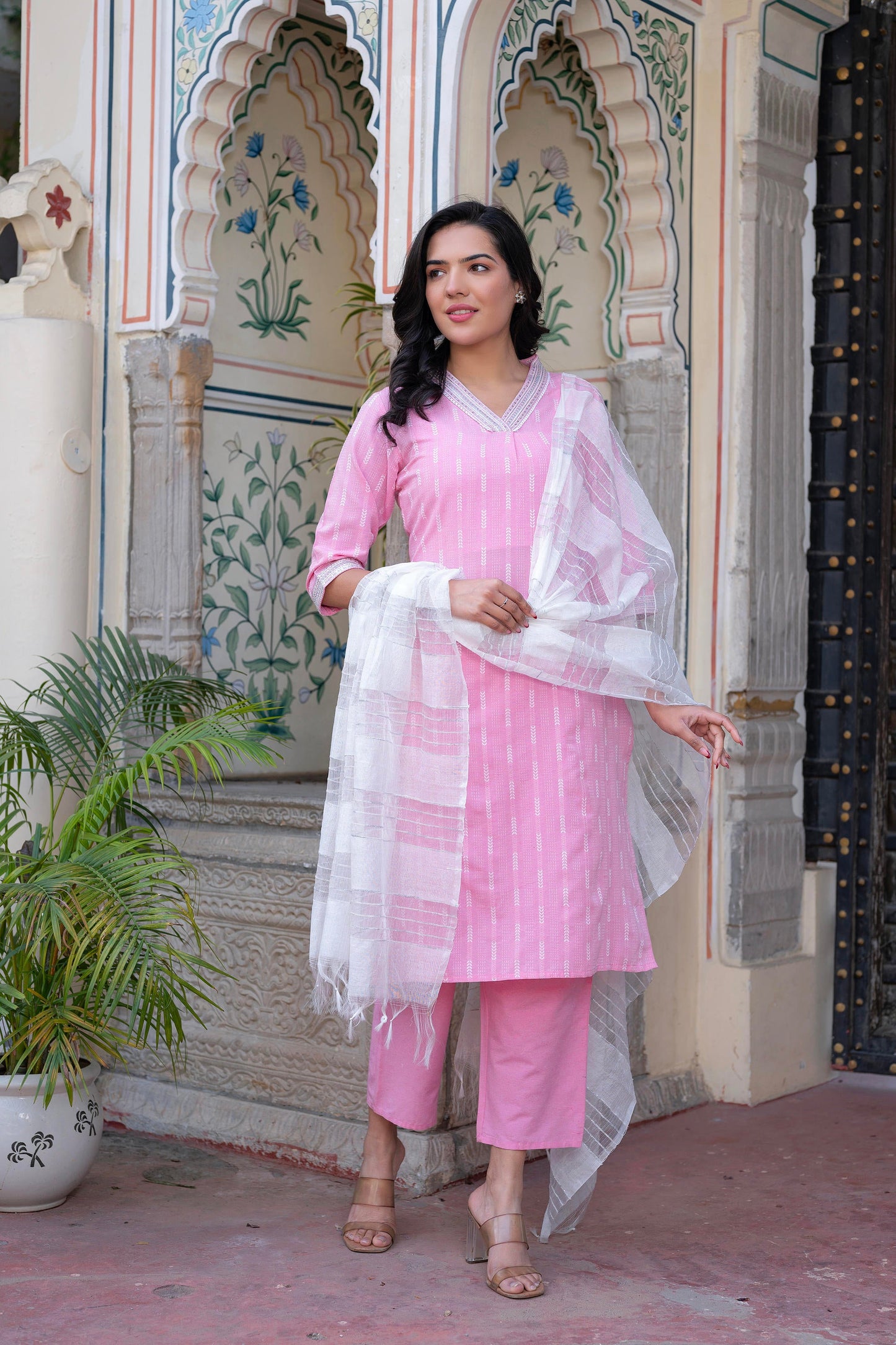 Juniper Pink Brocade Kurta-Pant & Dupatta Set with Sequins & Tassels - Distacart