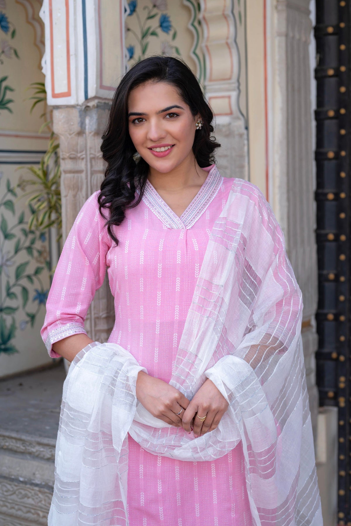 Juniper Pink Brocade Kurta-Pant & Dupatta Set with Sequins & Tassels - Distacart