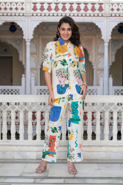 Juniper Multicolor Abstract Printed Co-Ord Set In White Base - Distacart