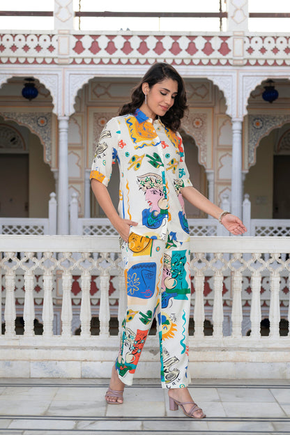 Juniper Multicolor Abstract Printed Co-Ord Set In White Base - Distacart