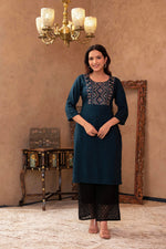Thumbnail for Juniper Dark Green Straight Kurta With Geometric Embroidered Yoke - Distacart