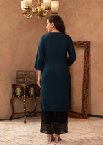 Thumbnail for Juniper Dark Green Straight Kurta With Geometric Embroidered Yoke - Distacart