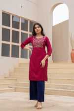 Thumbnail for Juniper Maroon Solid Viscose Kurta With Sequins & Thread Work - Distacart