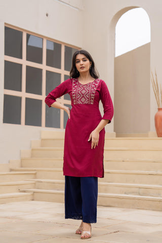 Juniper Maroon Solid Viscose Kurta With Sequins & Thread Work