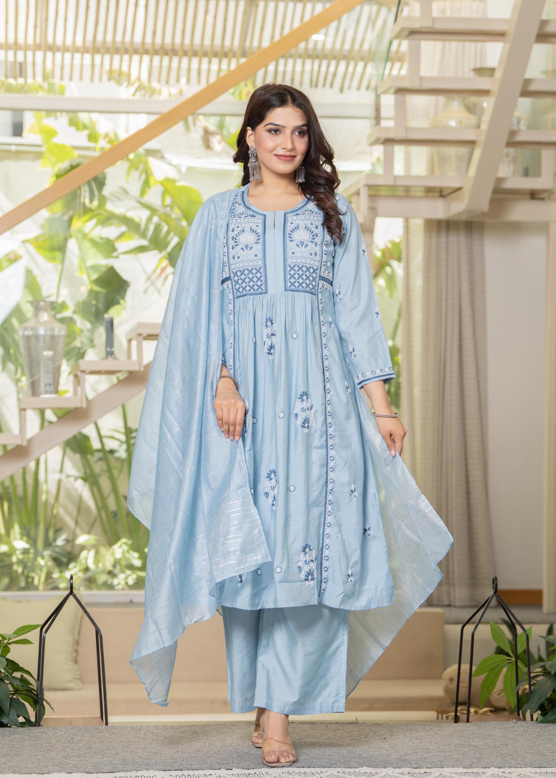 Juniper Aqua Blue Flared Embroidered Kurta Set with Dupatta