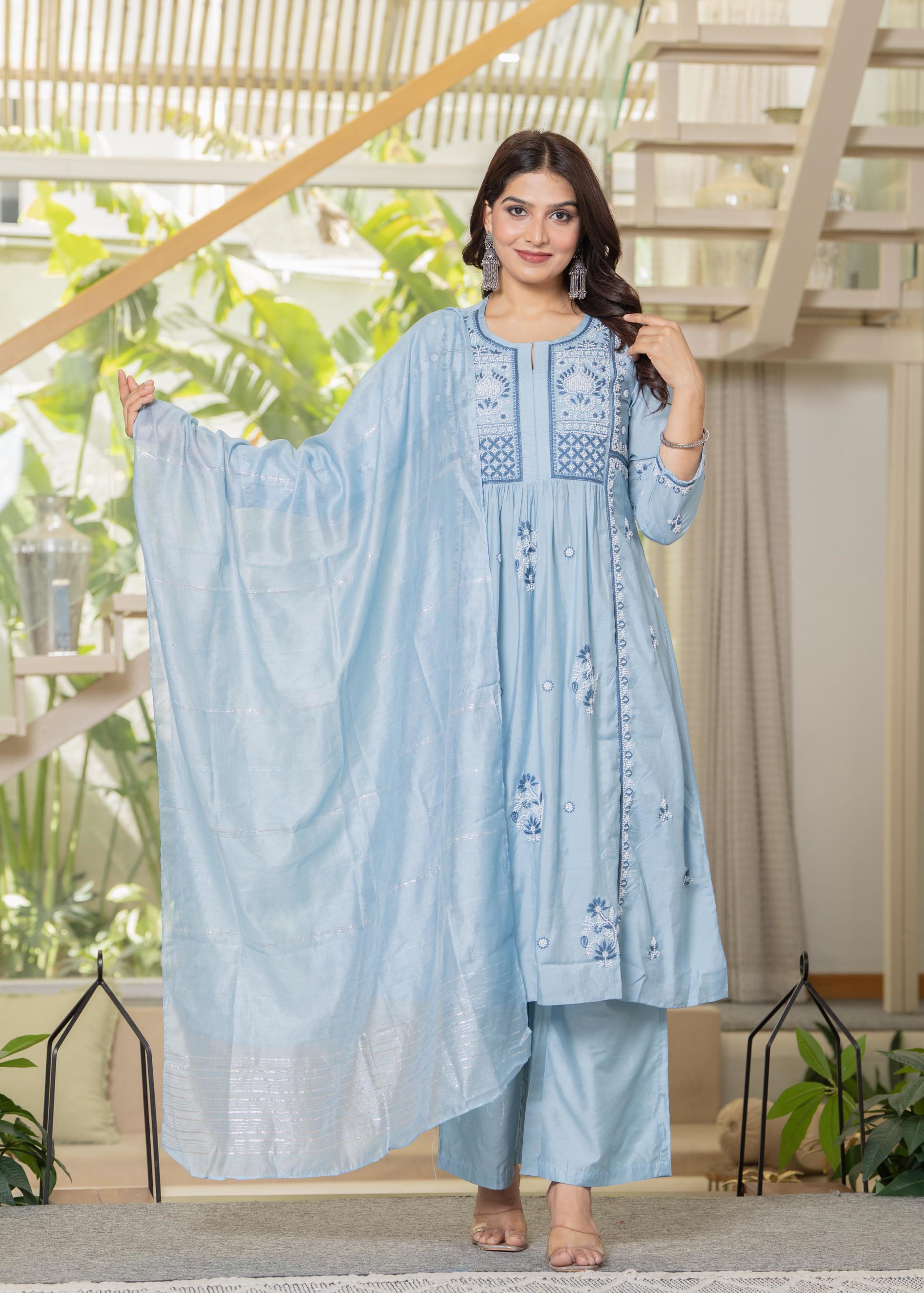 Juniper Aqua Blue Flared Embroidered Kurta Set With Dupatta - Distacart
