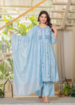 Thumbnail for Juniper Aqua Blue Flared Embroidered Kurta Set With Dupatta - Distacart