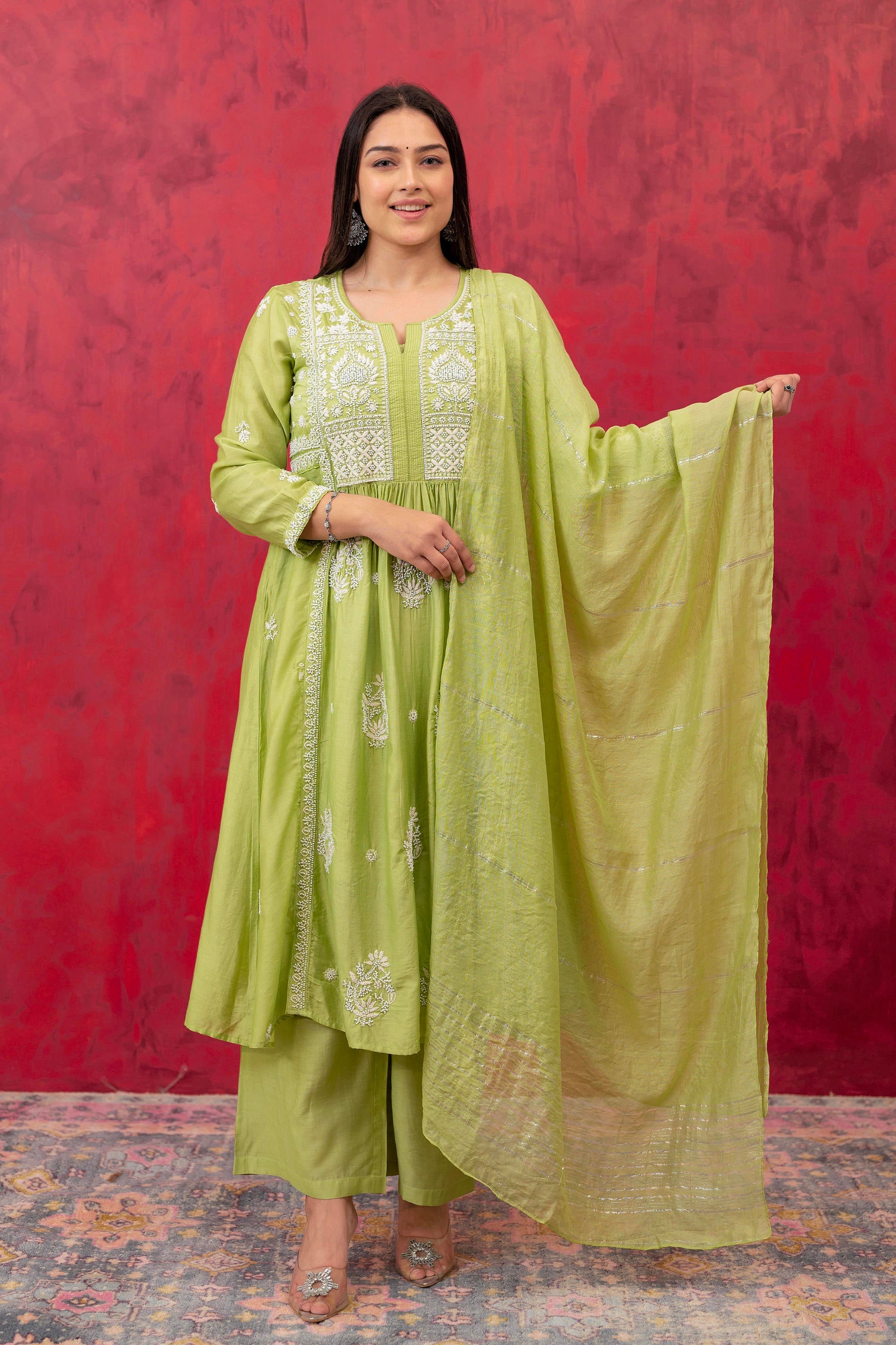 Juniper Lime Green Chanderi Kurta Pant Dupatta Set With Thread & Bead Work - Distacart