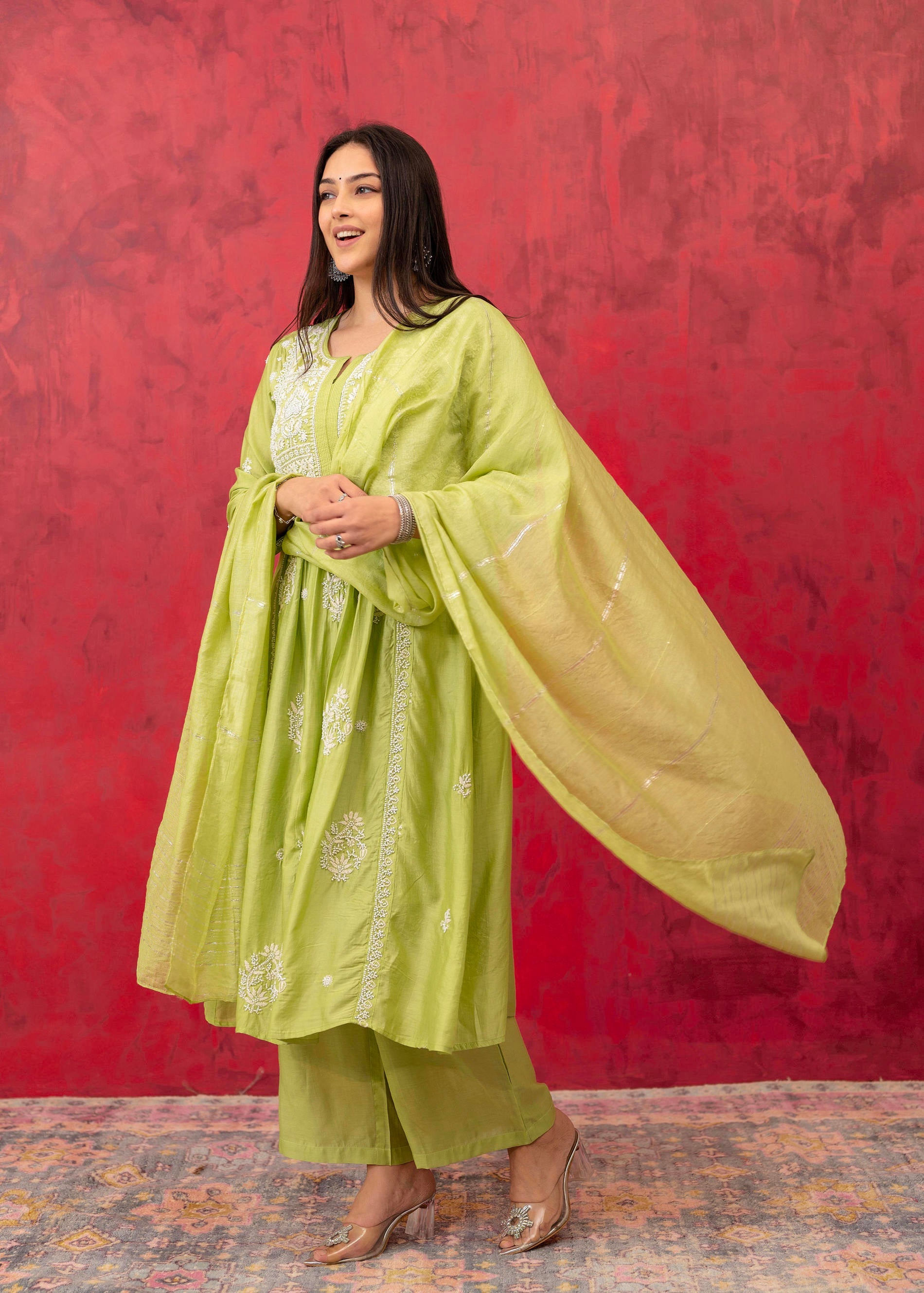 Juniper Lime Green Chanderi Kurta Pant Dupatta Set with Thread & Bead Work