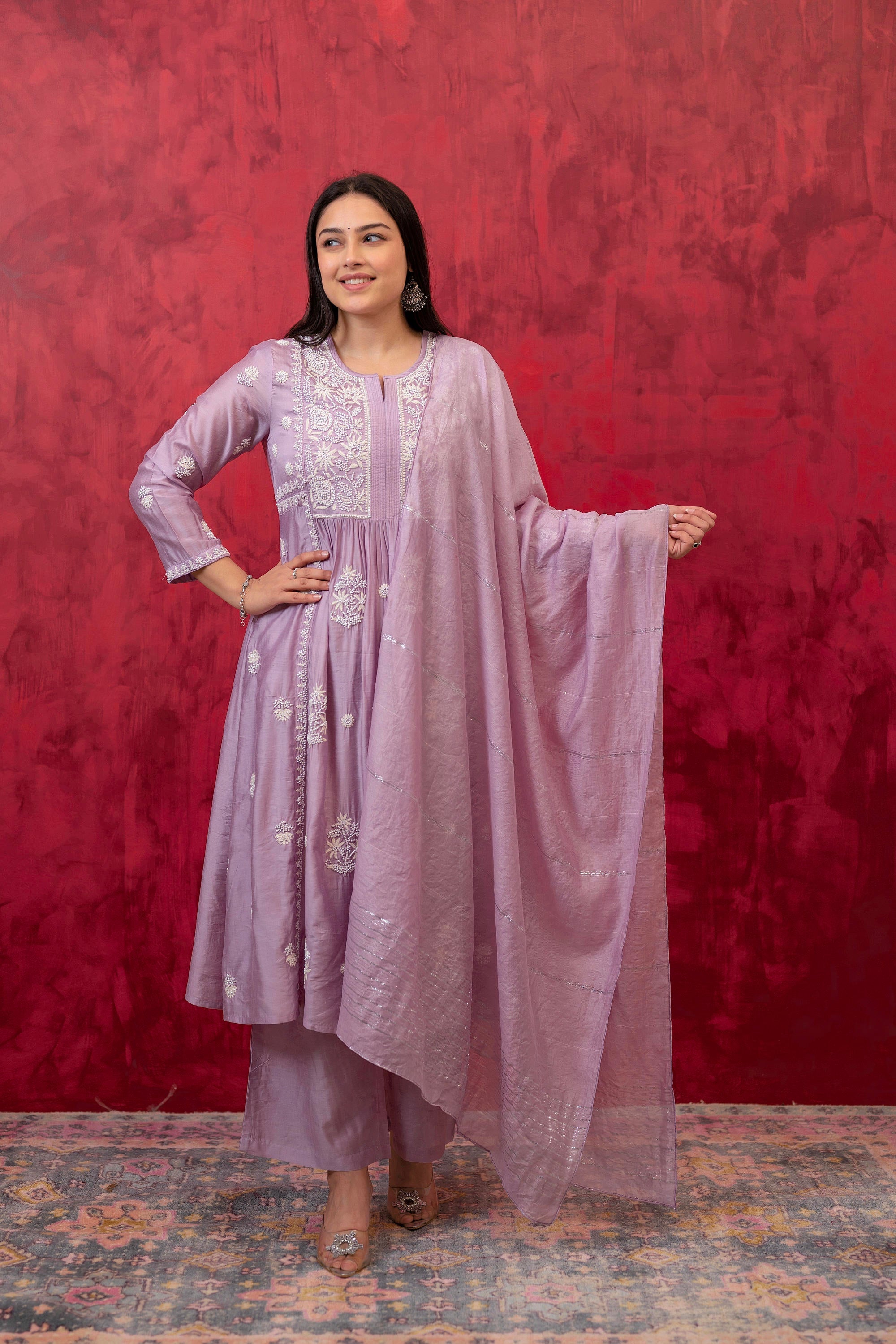 Juniper Lavender Embroidered Floral Chanderi Kurta with Palazzo & Dupatta - Distacart