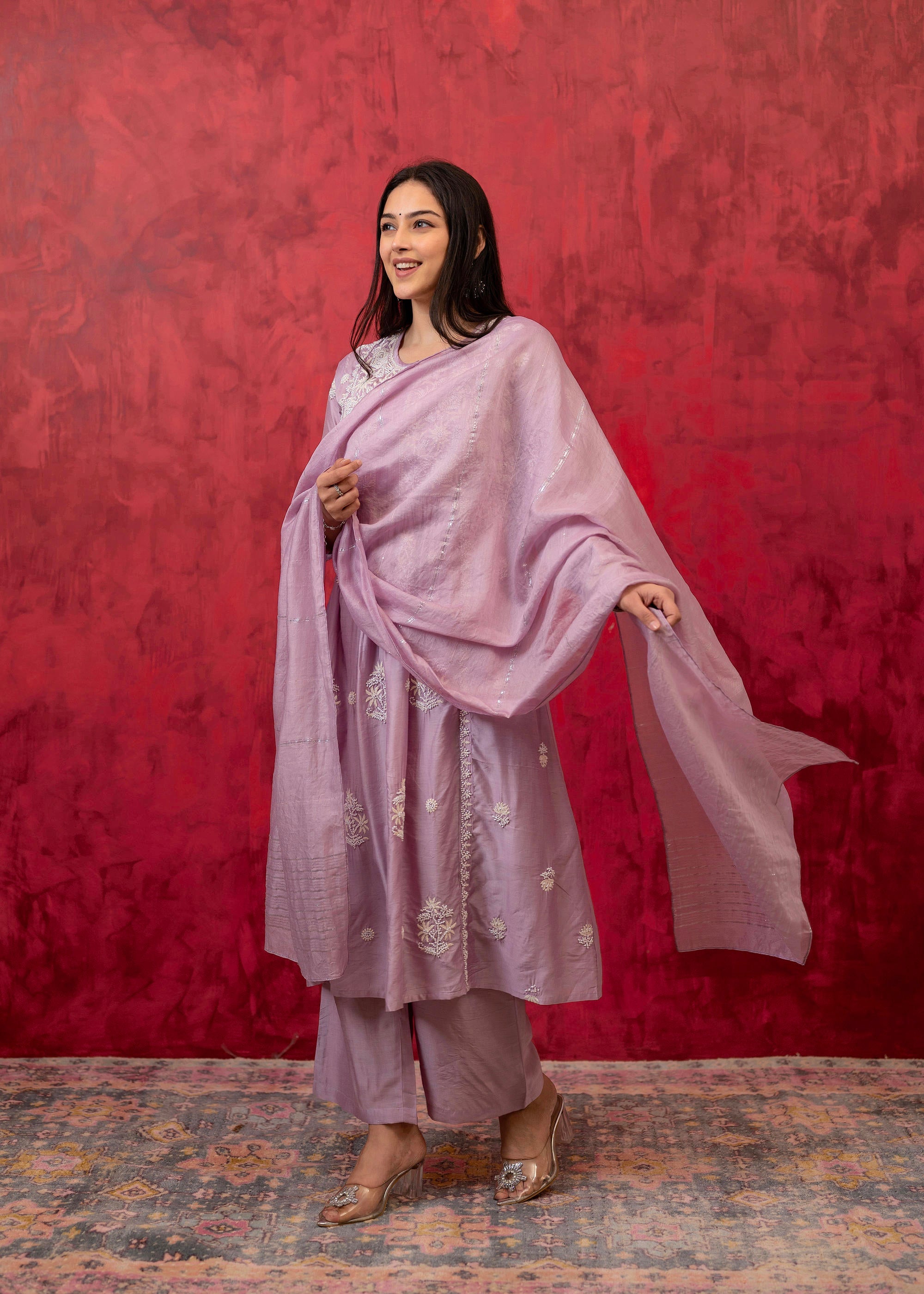 Juniper Lavender Embroidered Floral Chanderi Kurta With Palazzo & Dupatta - Distacart