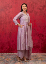 Thumbnail for Juniper Lavender Embroidered Floral Chanderi Kurta With Palazzo & Dupatta - Distacart