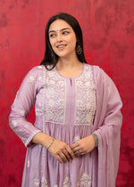 Thumbnail for Juniper Lavender Embroidered Floral Chanderi Kurta With Palazzo & Dupatta - Distacart