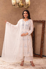 Thumbnail for Juniper Off-White Chanderi Floral Embroidered Kurta with Palazzo, Dupatta & Bead Work - Distacart