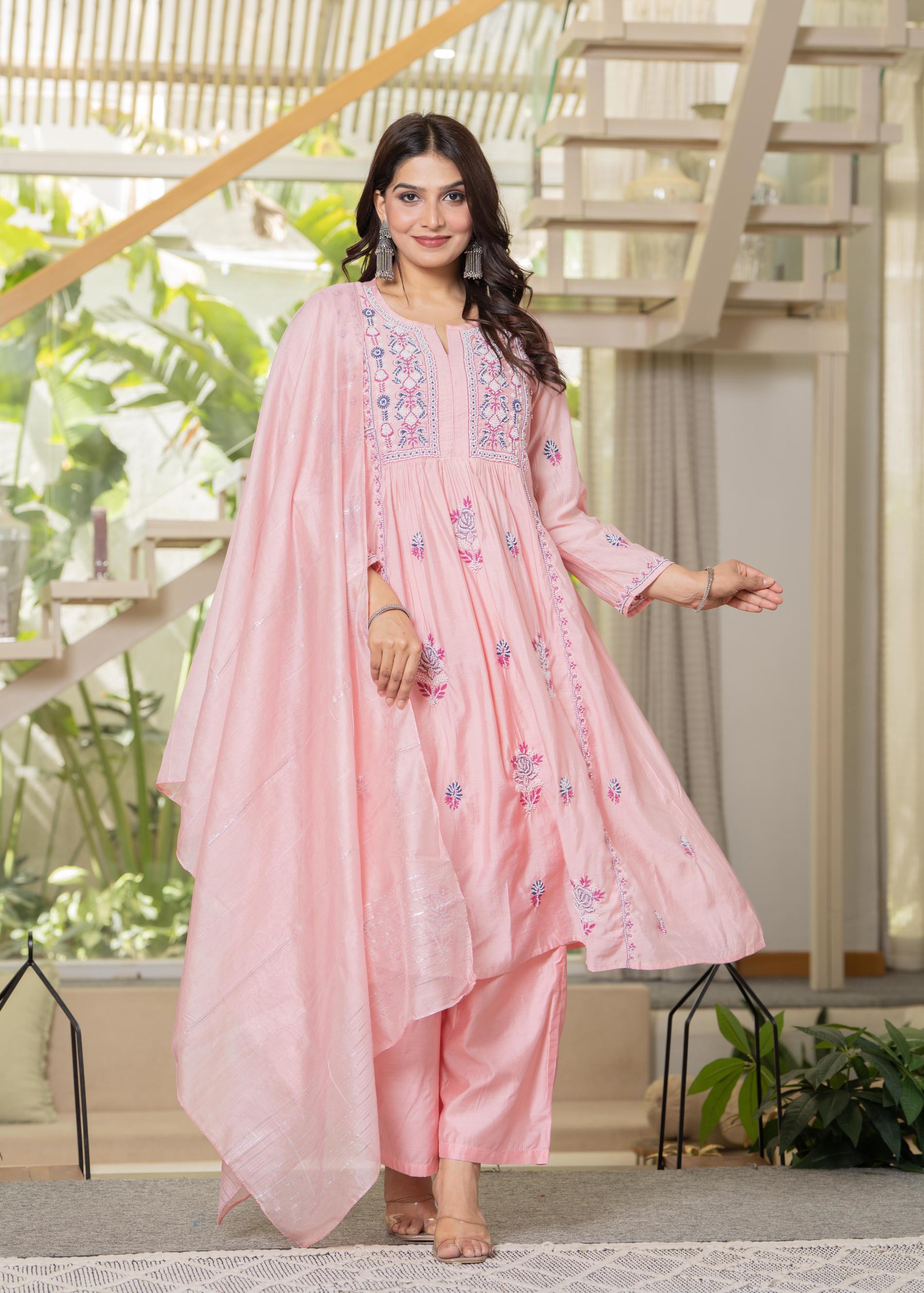 Juniper Baby Pink Embroidered Flared Kurta Set with Dupatta
