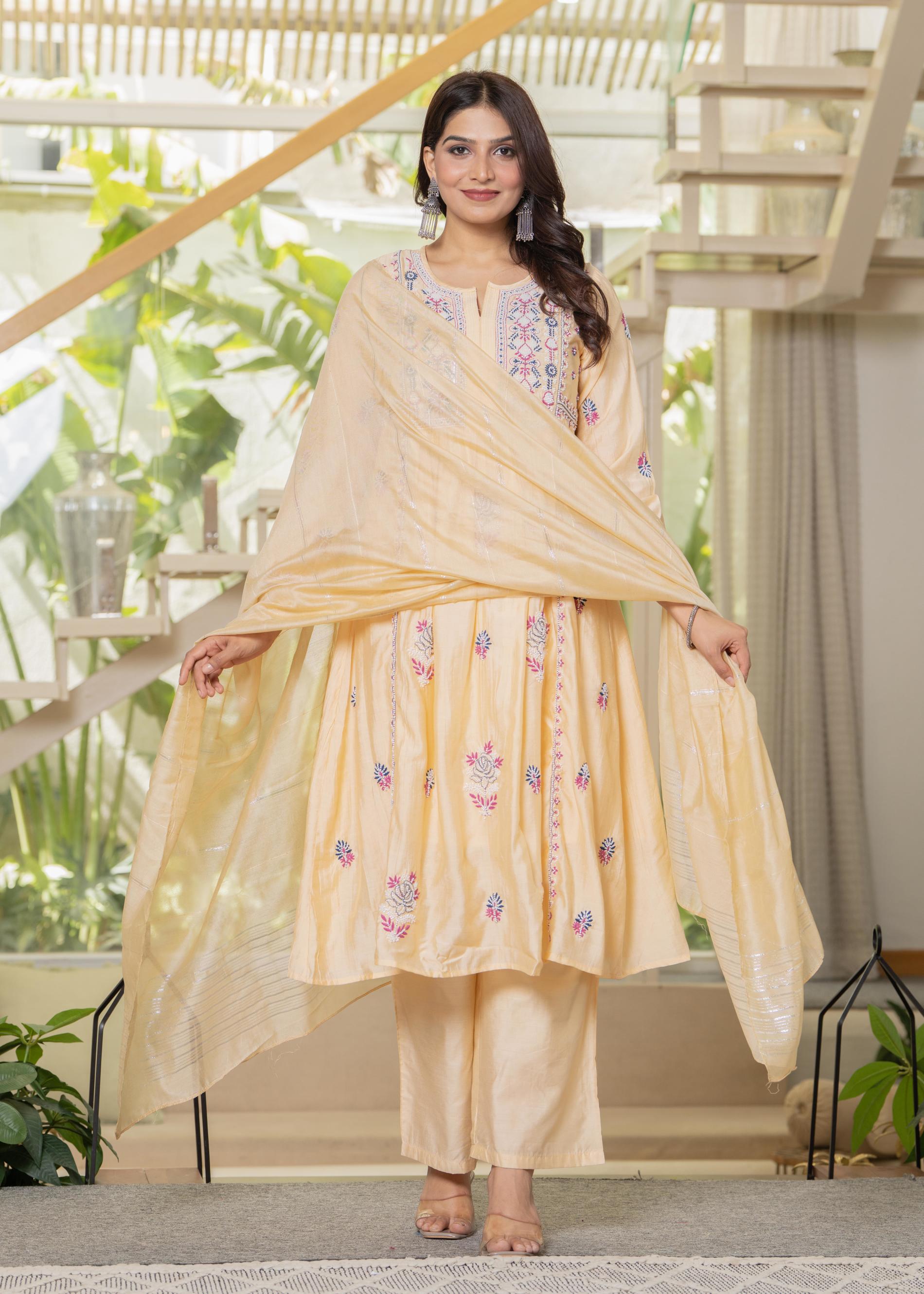 Juniper Yellow Embroidered Flared Kurta Set with Dupatta