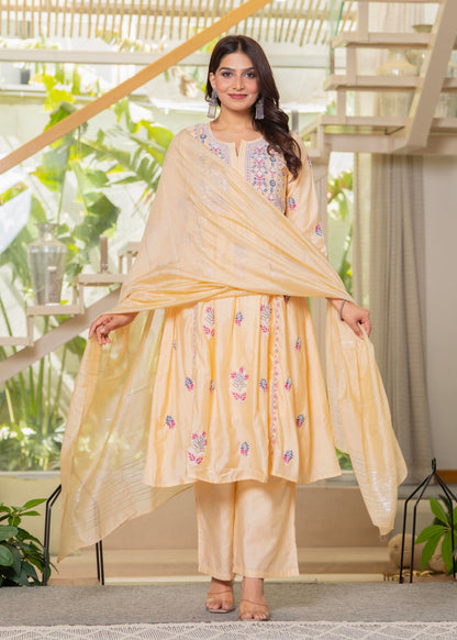 Juniper Yellow Embroidered Flared Kurta Set with Dupatta - Distacart