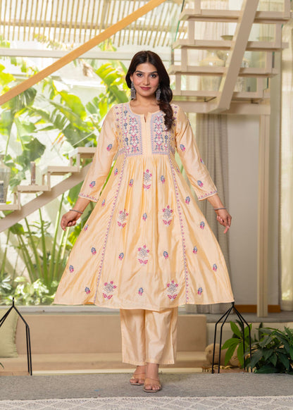 Juniper Yellow Embroidered Flared Kurta Set with Dupatta - Distacart