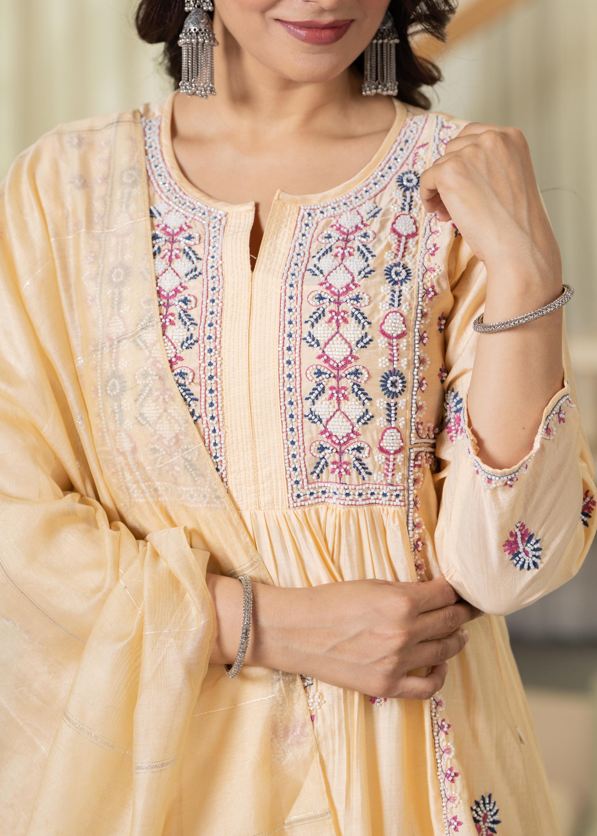 Juniper Yellow Embroidered Flared Kurta Set with Dupatta - Distacart