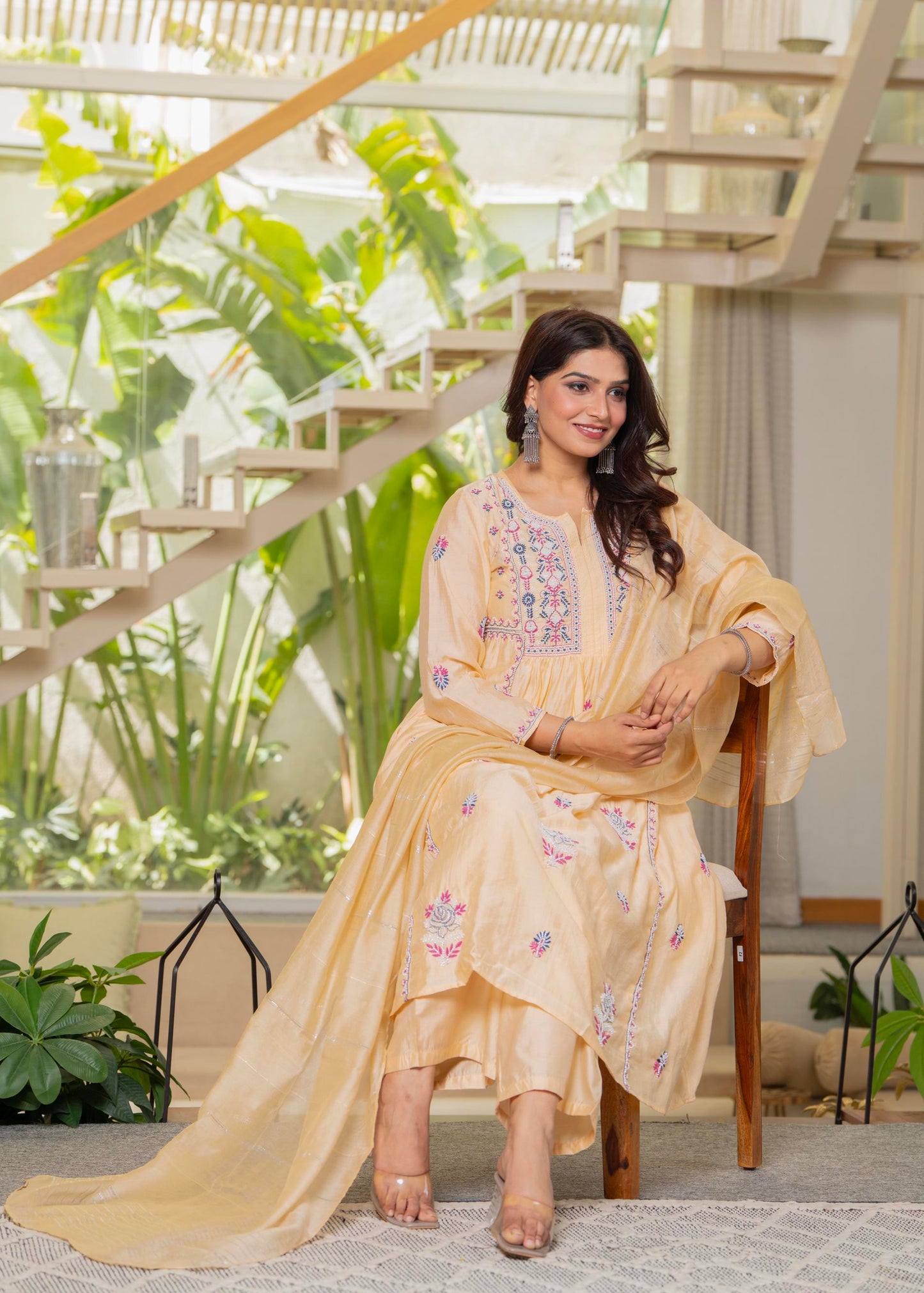 Juniper Yellow Embroidered Flared Kurta Set with Dupatta - Distacart