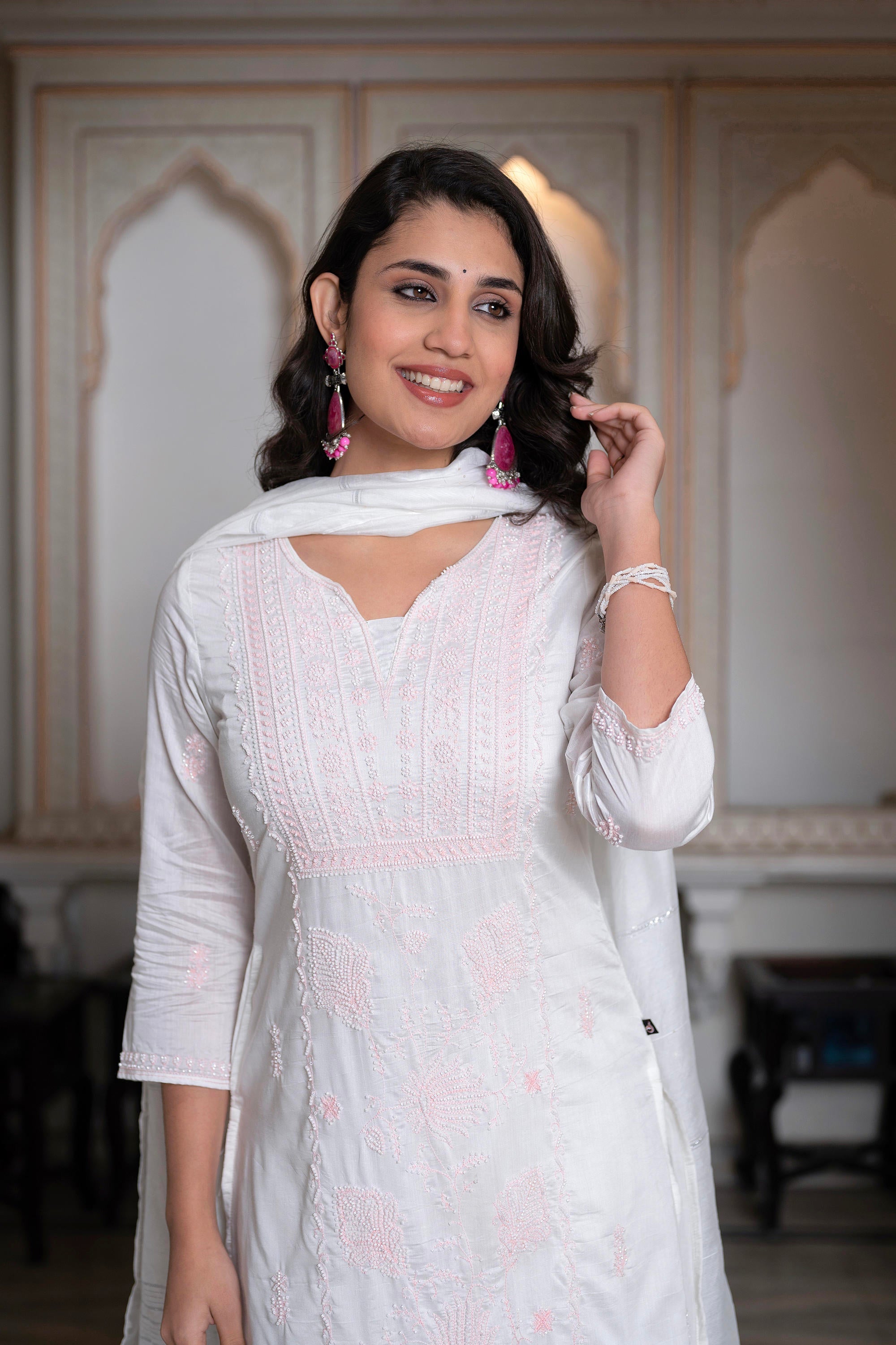 Juniper Off-White Chanderi Kurta With Bead Work & Thread Detailing - Distacart