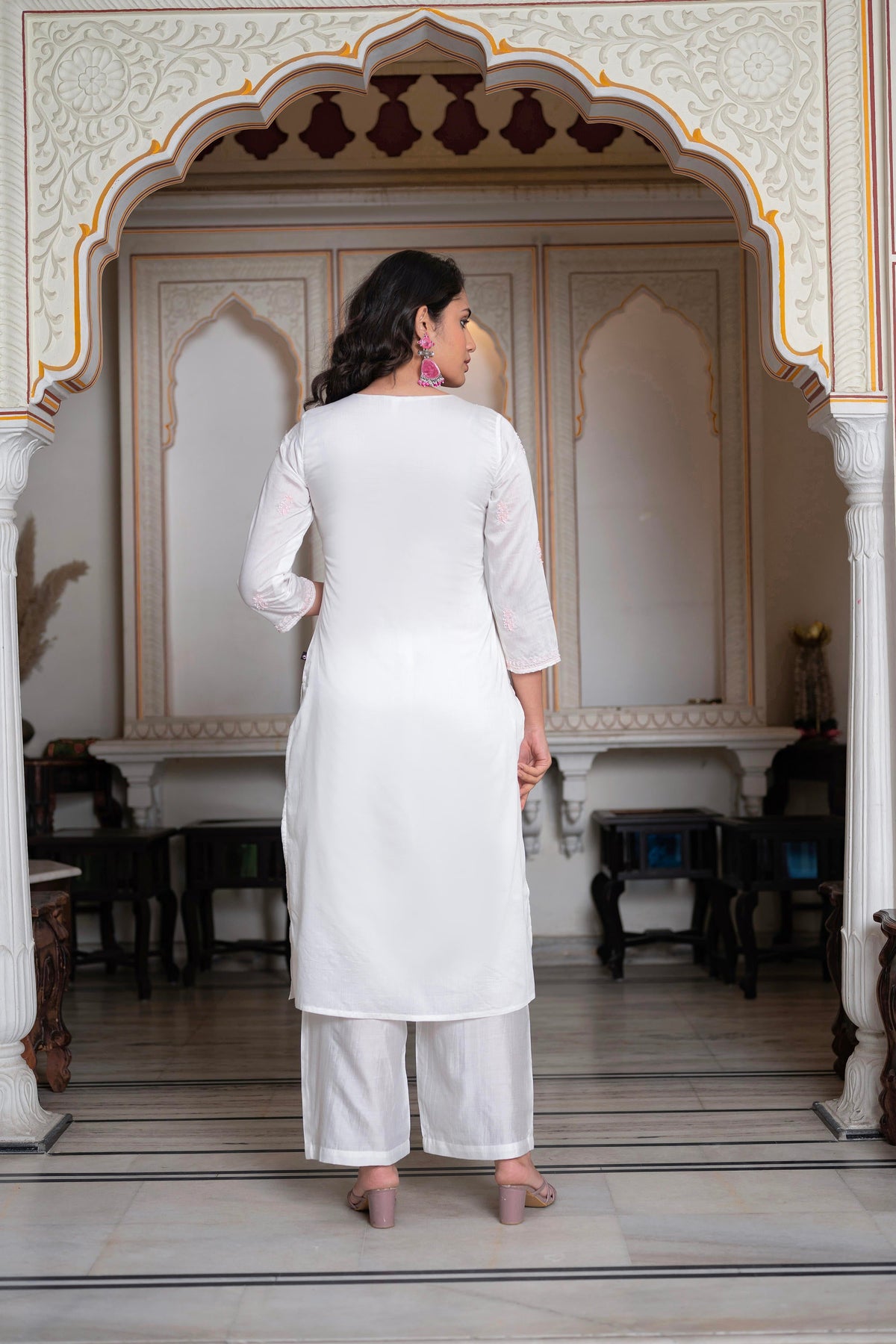 Juniper Off-White Chanderi Kurta with Bead Work & Thread Detailing - Distacart