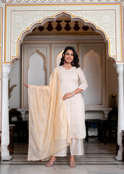 Juniper Peach Chanderi Kurta-Pant & Dupatta Set with Bead & Floral Thread Work - Distacart