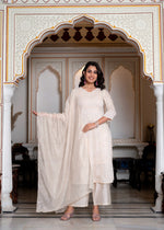 Thumbnail for Juniper Peach Chanderi Kurta-Pant & Dupatta Set With Bead & Floral Thread Work - Distacart