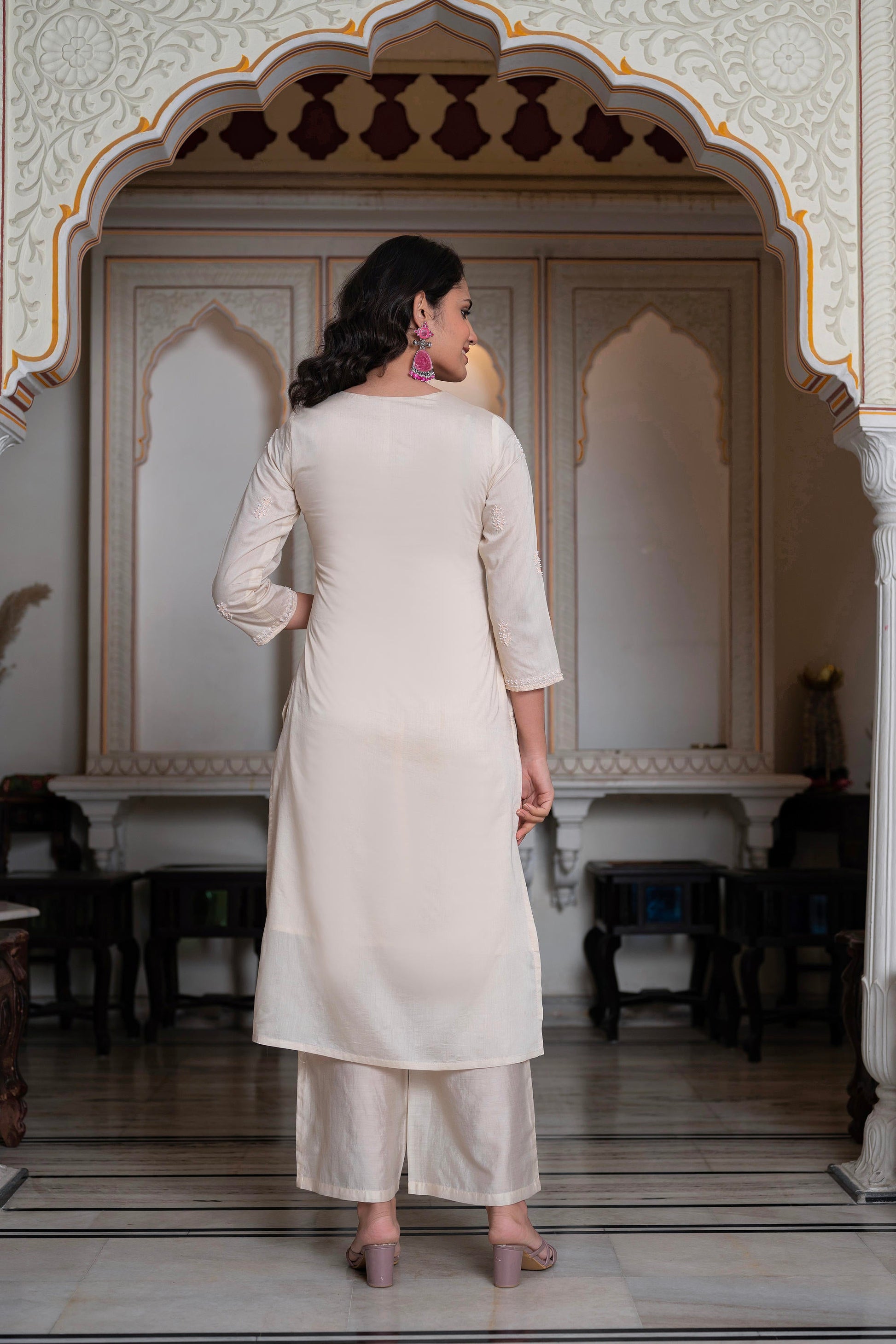 Juniper Peach Chanderi Kurta-Pant & Dupatta Set with Bead & Floral Thread Work - Distacart