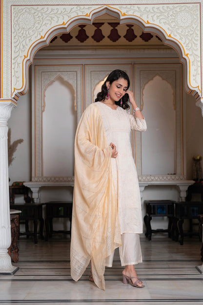 Juniper Peach Chanderi Kurta-Pant & Dupatta Set with Bead & Floral Thread Work - Distacart