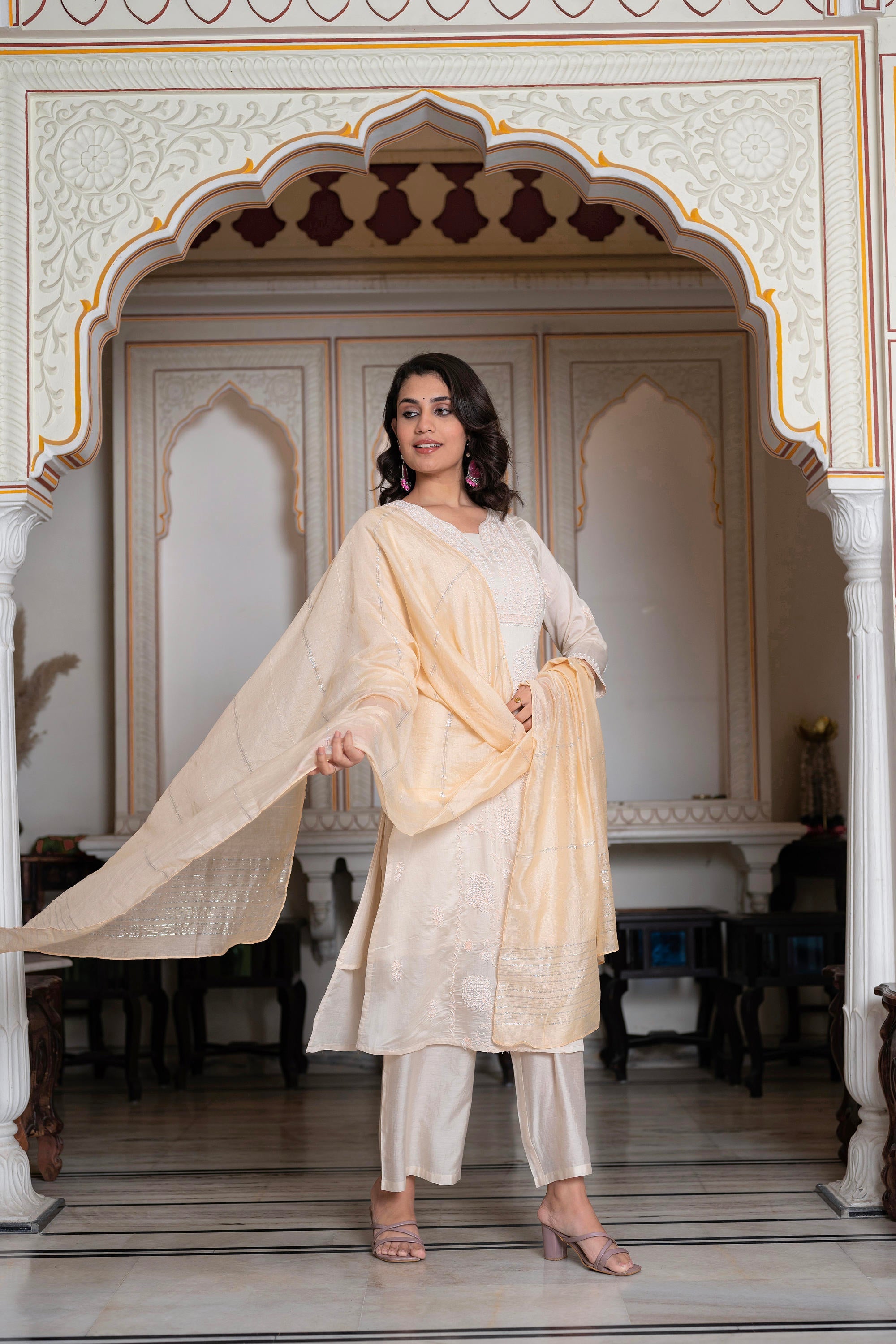 Juniper Peach Chanderi Kurta-Pant & Dupatta Set with Bead & Floral Thread Work - Distacart