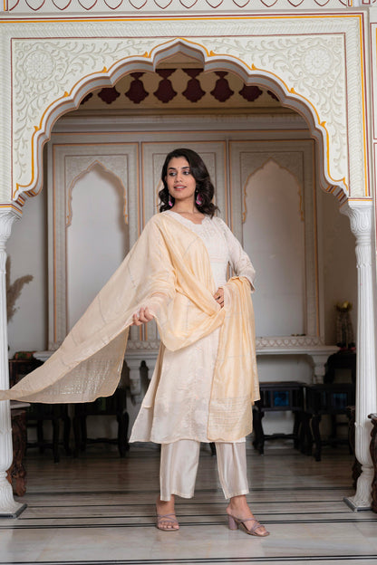 Juniper Peach Chanderi Kurta-Pant & Dupatta Set with Bead & Floral Thread Work - Distacart