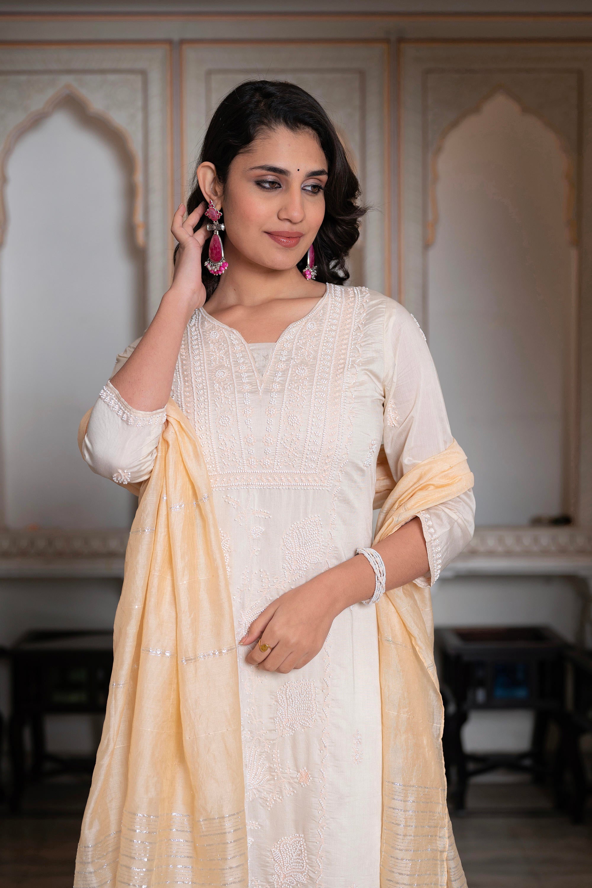 Juniper Peach Chanderi Kurta-Pant & Dupatta Set with Bead & Floral Thread Work - Distacart