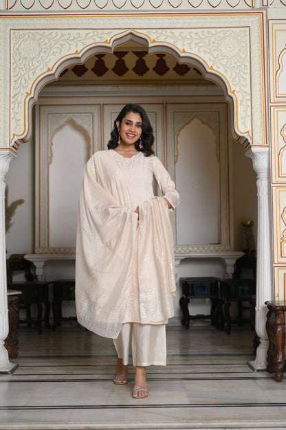 Juniper Peach Chanderi Kurta-Pant & Dupatta Set With Bead & Floral Thread Work - Distacart