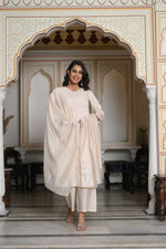 Thumbnail for Juniper Peach Chanderi Kurta-Pant & Dupatta Set With Bead & Floral Thread Work - Distacart