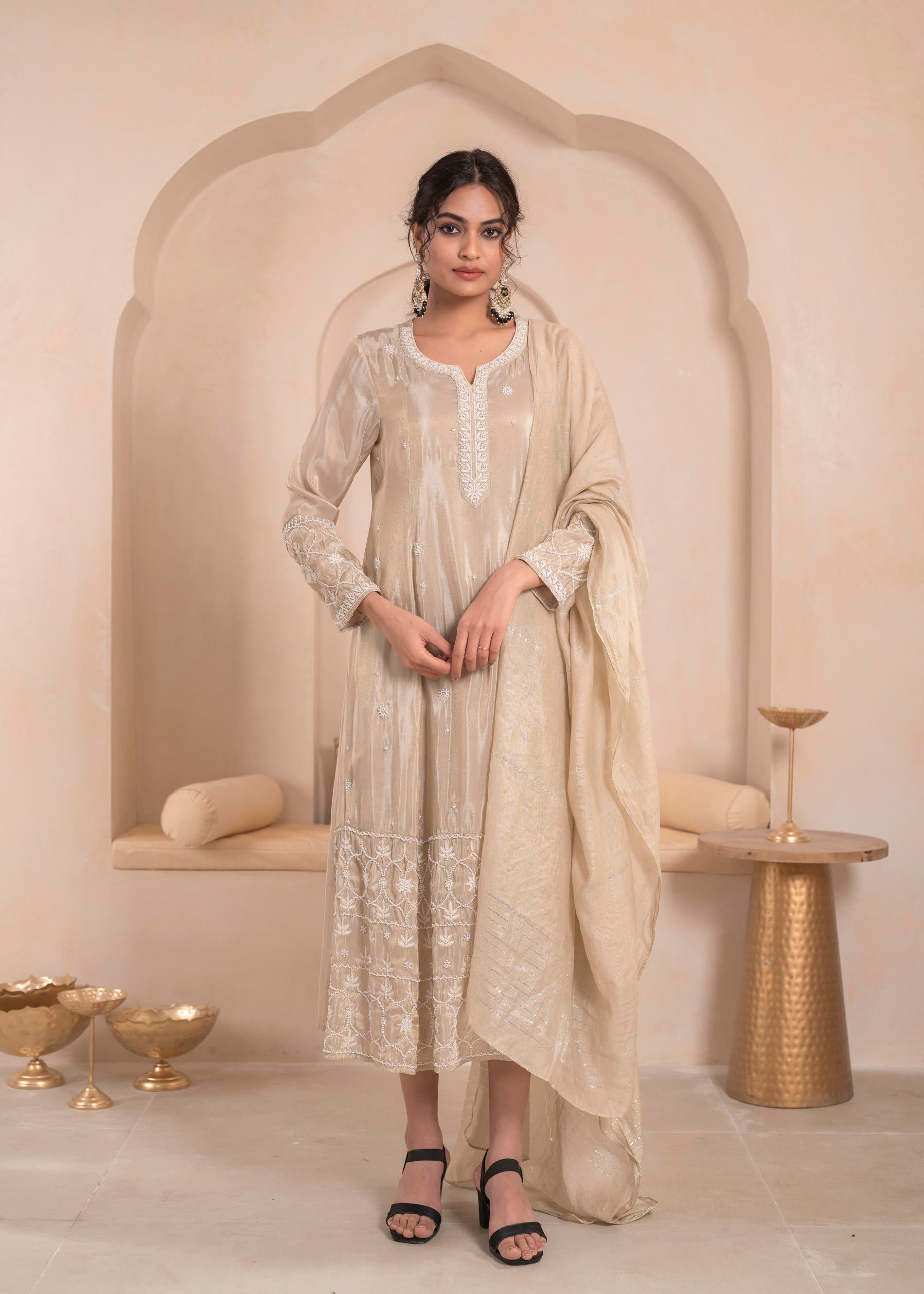 Juniper Embroidered Cheeku Dress With Subtle Shimmer And Dupatta - Distacart