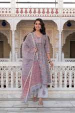 Thumbnail for Juniper Lavender Cotton Flared Kurta-Pant & Dupatta Set with Floral Print, Thread Work, Lace & Sequins - Distacart
