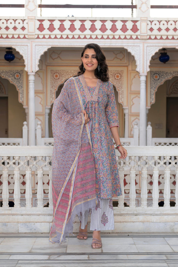Juniper Lavender Cotton Flared Kurta-Pant & Dupatta Set with Floral Print, Thread Work, Lace & Sequins - Distacart