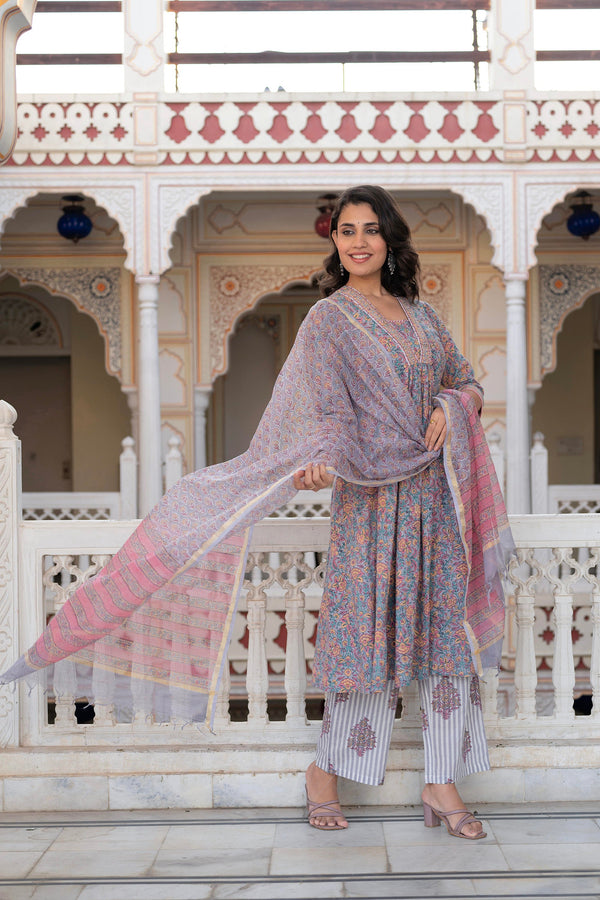 Juniper Lavender Cotton Flared Kurta-Pant & Dupatta Set with Floral Print, Thread Work, Lace & Sequins - Distacart