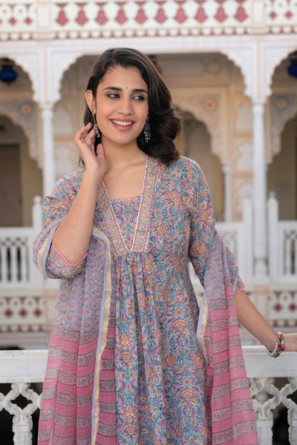 Juniper Lavender Cotton Flared Kurta-Pant & Dupatta Set with Floral Print, Thread Work, Lace & Sequins - Distacart