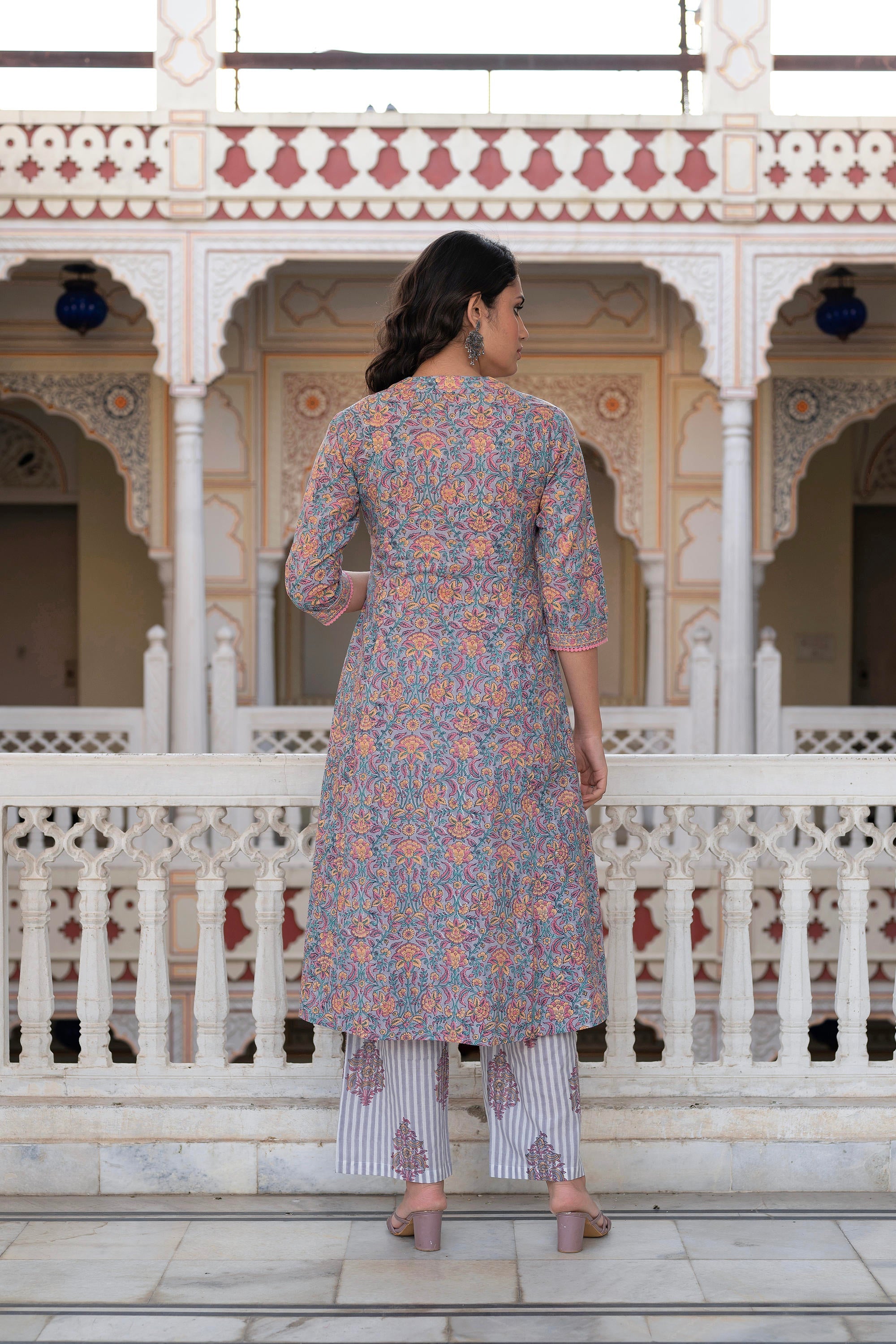 Juniper Lavender Cotton Flared Kurta-Pant & Dupatta Set with Floral Print, Thread Work, Lace & Sequins - Distacart