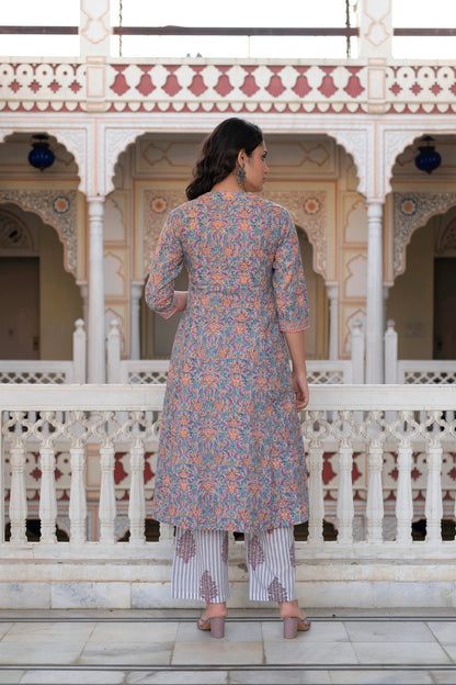 Juniper Lavender Cotton Flared Kurta-Pant & Dupatta Set with Floral Print, Thread Work, Lace & Sequins - Distacart