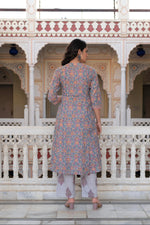 Thumbnail for Juniper Lavender Cotton Flared Kurta-Pant & Dupatta Set with Floral Print, Thread Work, Lace & Sequins - Distacart