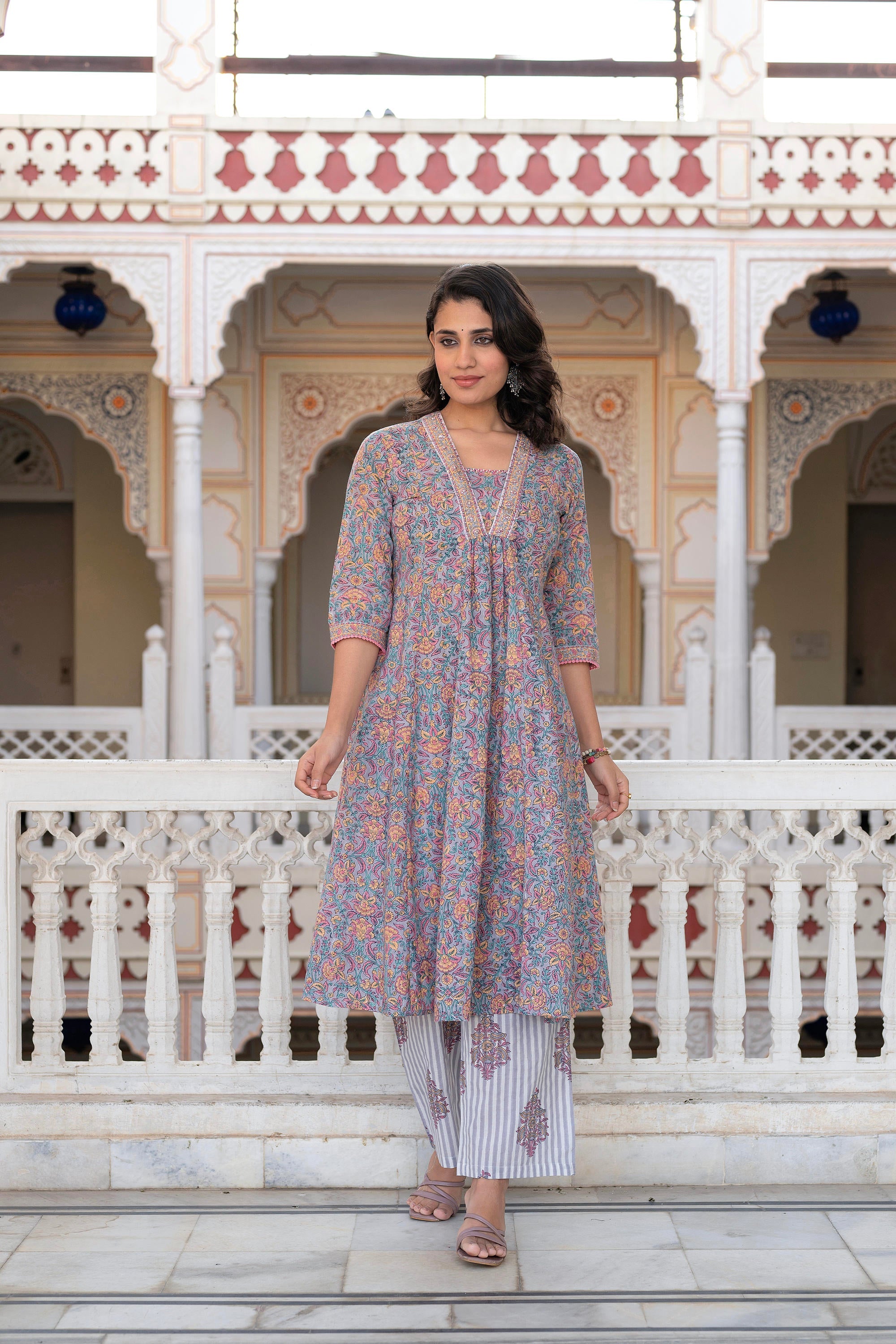 Juniper Lavender Cotton Flared Kurta-Pant & Dupatta Set with Floral Print, Thread Work, Lace & Sequins - Distacart