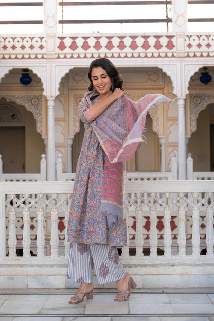 Juniper Lavender Cotton Flared Kurta-Pant & Dupatta Set with Floral Print, Thread Work, Lace & Sequins - Distacart