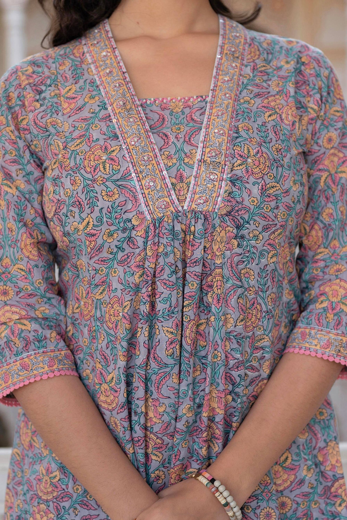 Juniper Lavender Cotton Flared Kurta-Pant & Dupatta Set with Floral Print, Thread Work, Lace & Sequins - Distacart