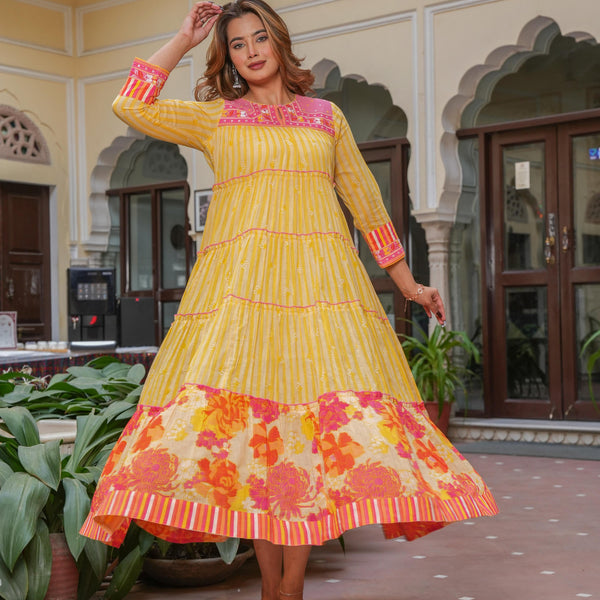 Juniper Mustard Flared Panelled Dress with Printed Floral Hem and Yoke Embroidery
