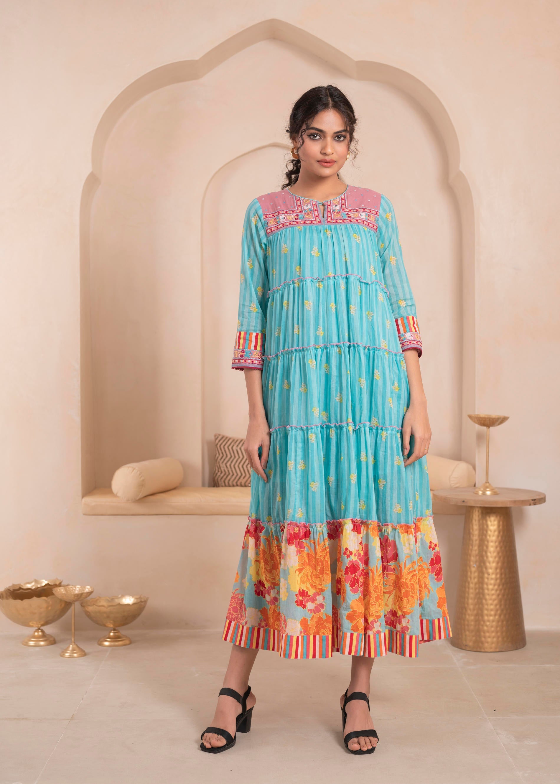Juniper Skyblue Flared Panelled Dress with Printed Floral Hem and Yoke Embroidery